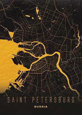 Saint Petersburg, Russia - Urban Map Gold & Black Art Print