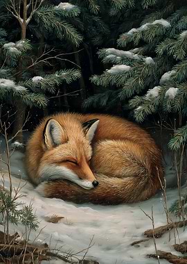Sleeping Fox in Winter Forest