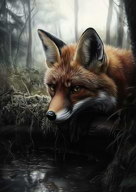 Fox portrait in a misty forest