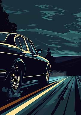 Classic Car on Road at Night
