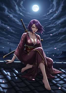 Kimono Woman with Katana on Rooftop