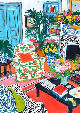 Colorful Interior Painting with Floral Accents
