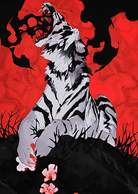 Roaring White Tiger on Red Background