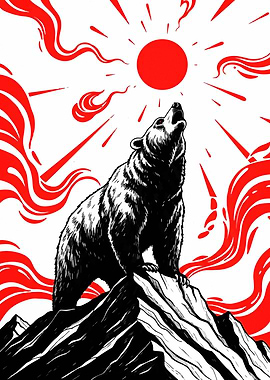 Bear Howling at Red Sun