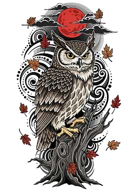 Owl on Tree Stump with Red Moon