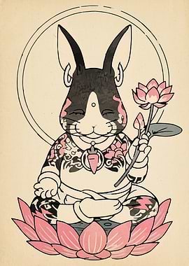 Zen Rabbit with Lotus Flower