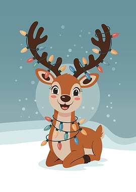 Cartoon Reindeer with Christmas Lights