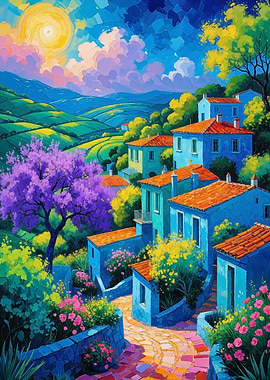Provence Hillside Village Sunrise