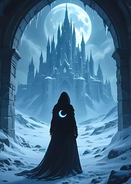 Hooded Figure Snowy Castle Landscape