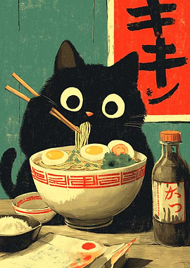 Black Cat Eating Ramen Illustration