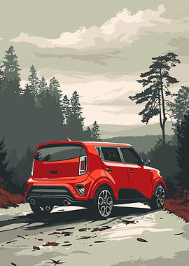 Red Car in Forest Landscape