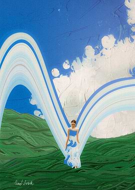 Woman + sky ribbon field abstract painting