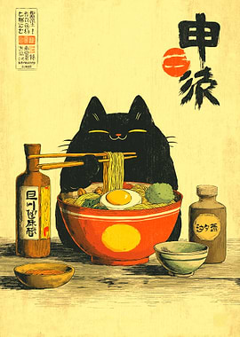 Black Cat Eating Ramen Illustration
