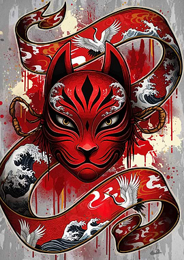 Red Kitsune Mask with Crane Ribbon