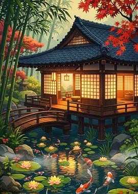 Japanese House with Koi Pond