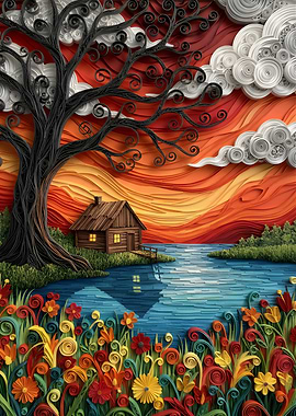 Quilled Landscape with Cabin and Flowers