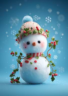 Festive Snowman with Holly and Berries