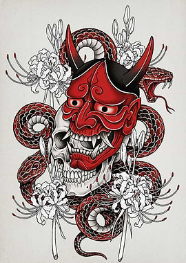 Hannya Mask, Skull, and Snake Art