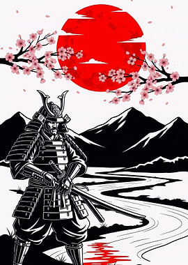 Samurai with Cherry Blossoms and Rising Sun