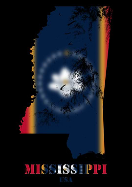 Mississippi USA Topographic Contour Relief Map blending terrain features into its emblematic colorful flag