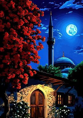 Nighttime Mosque Scene with Red Tree