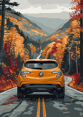 Orange Car on Autumn Road