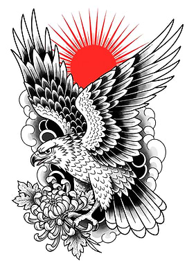 Eagle with Chrysanthemum and Rising Sun