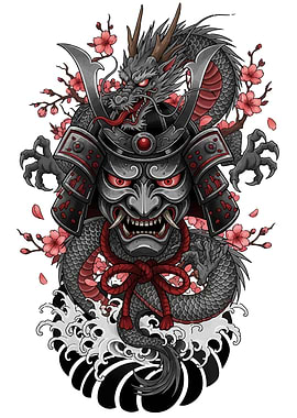Dragon, Samurai Mask, and Cherry Blossoms