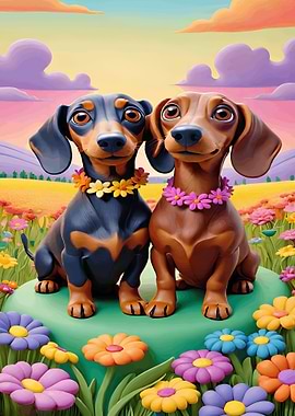 Dachshunds in a Flower Field