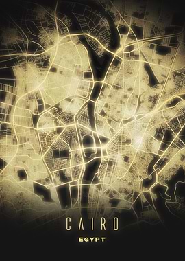 Cairo, Egypt - Illuminated Golden Night Map Art