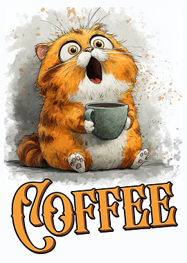 Surprised Cat with Coffee Cup