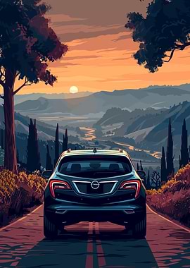 Car on scenic road at sunset