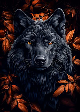 Black Wolf Portrait with Autumn Leaves