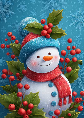 Festive Snowman with Holly Berries