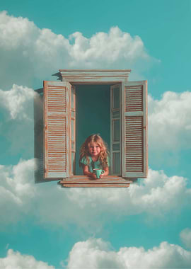 Girl in Window Among Clouds