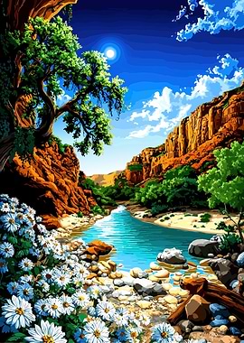 Scenic River Landscape with Daisies