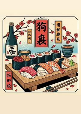 Sushi Platter with Sake and Tea