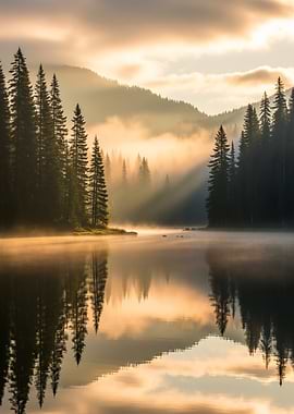 Misty Lake Sunrise Reflection