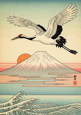 Japanese Crane and Mount Fuji Art