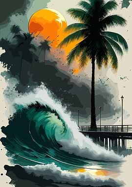 Ocean Wave and Palm Tree Sunset
