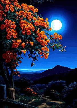 Orange Flowers Under Moonlight Landscape