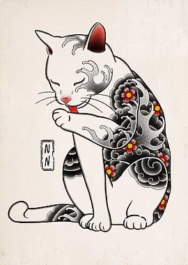 Tattooed Cat Licking Paw Illustration