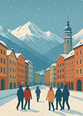 Winter Cityscape with Snowy Mountains