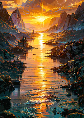 Golden River Landscape with Castles