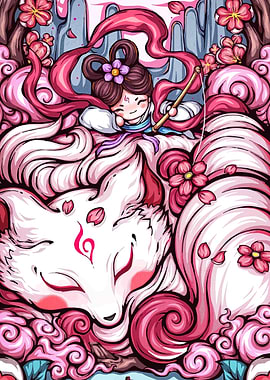 Girl with Fox and Cherry Blossoms