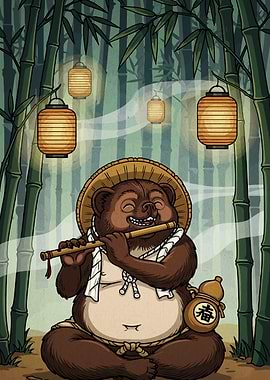 Tanuki playing flute in bamboo forest