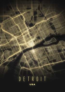 Detroit, USA - City Streets Glowing Network Map Print