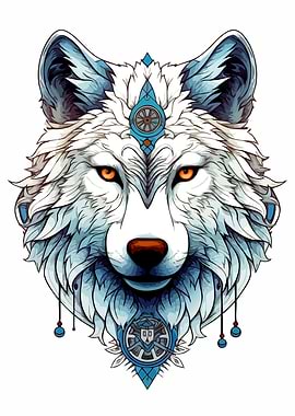 White Wolf Head with Turquoise Ornaments