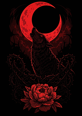 Wolf Howling at Red Moon Illustration