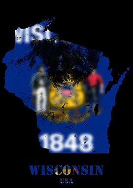 Wisconsin USA state Topographic Contour Relief Map blending terrain features into its emblematic colorful flag